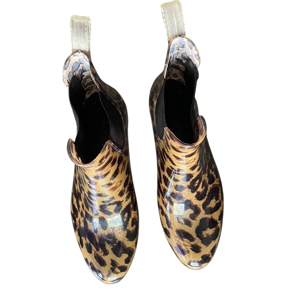 J.Crew Leopard Print Womens 8 Chelsea Ankle Rain Booties‎ Animal Print Glossy